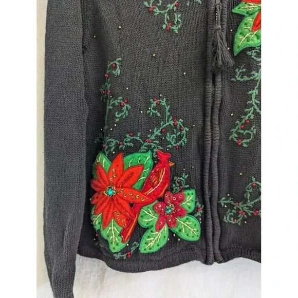 Poinsettia and cardinal holiday zip up cardigan sweater, black women's size 12 - Picture 7 of 9